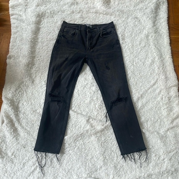 Denim - Boyish Black Distressed Jeans with Frayed Hem